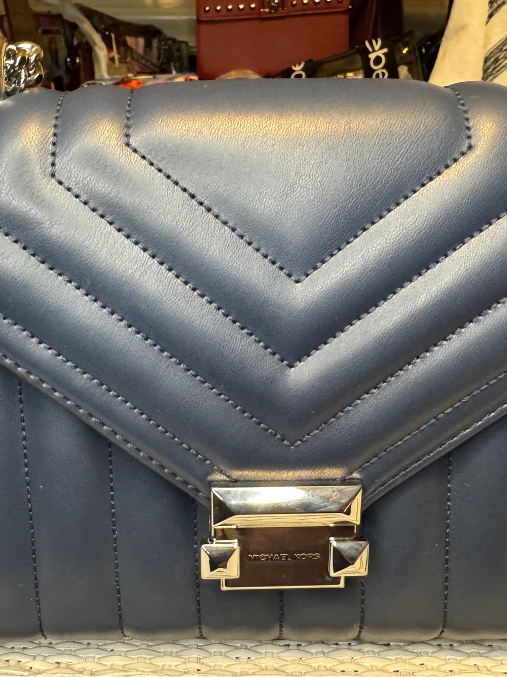 Michael Kors Navy Quilted Chevron Shoulder Bag with Silver Hardware